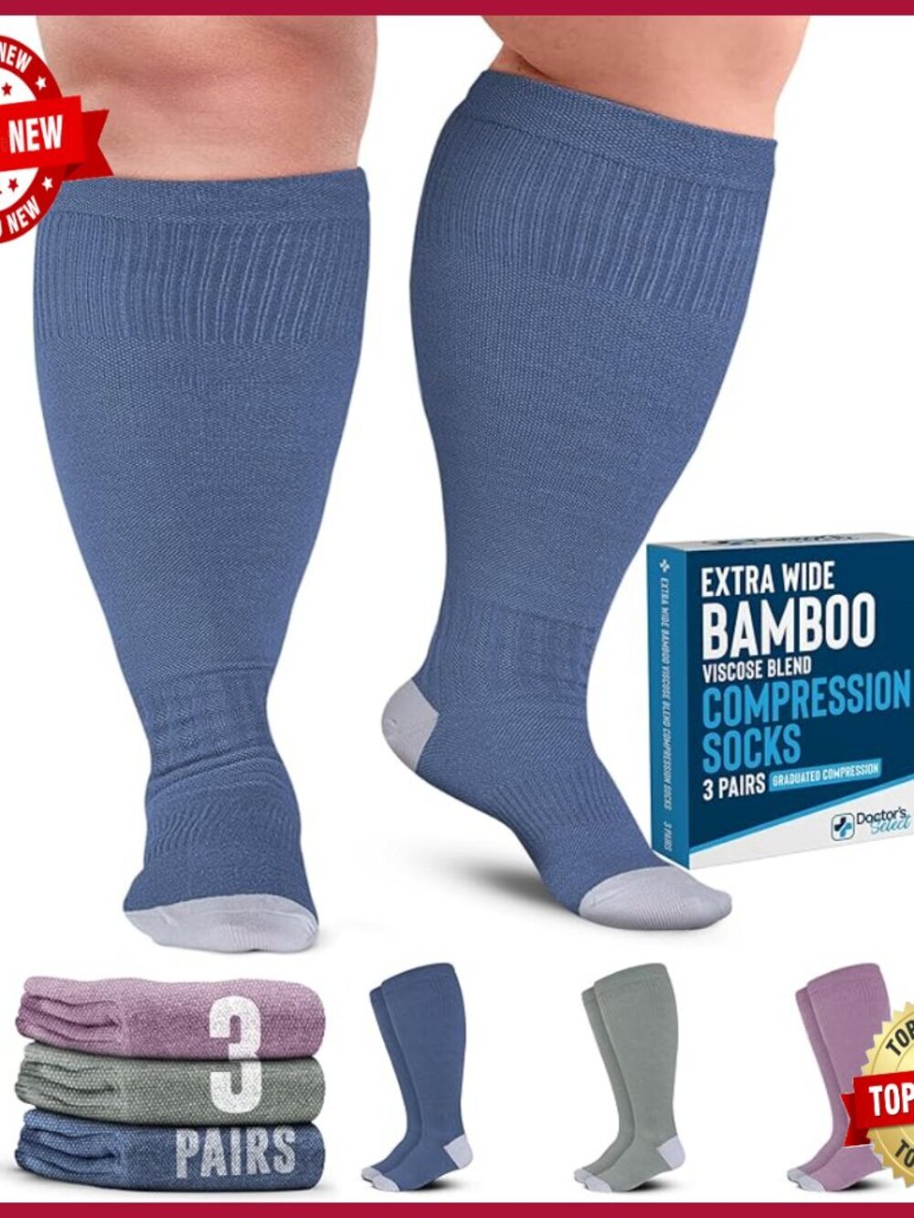 Plus Size Compression Socks Wide Calf - Bamboo Knee High 3 Pairs